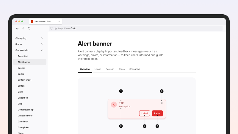 An example of an alert banner documentation on a browser window; it shows the component's anatomy of properties.